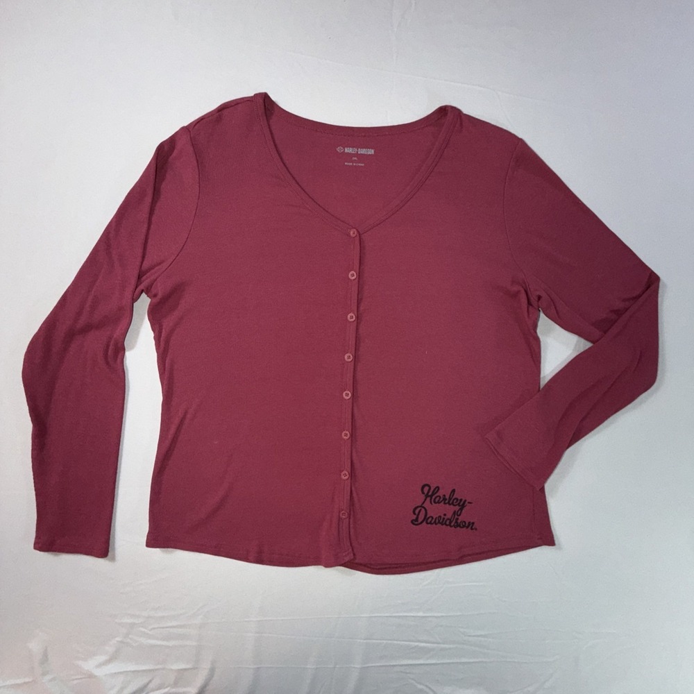 Harley-Davidson Adventuresome Tibetan Red Ribbed Button Up VNeck Graphic Top 2XL